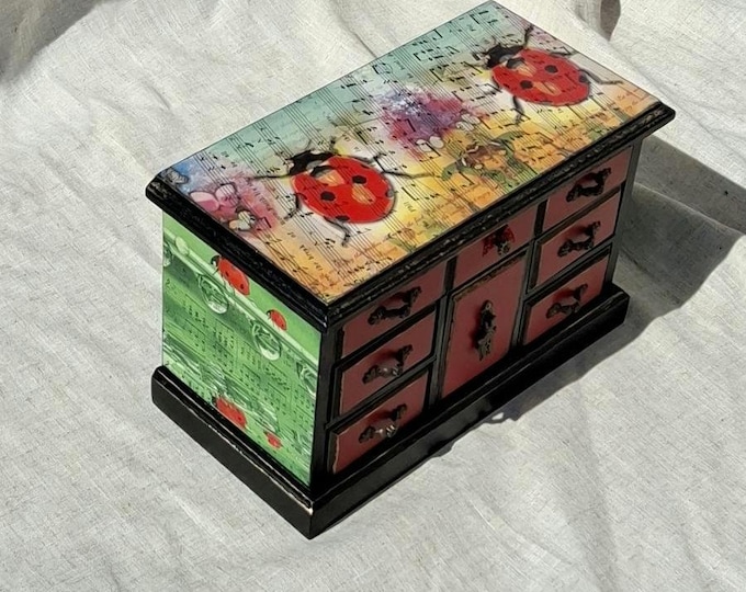 Musical Jewellery box chest of drawers vintage jewelry box hand decorated with decoupage shabby chic ladybirds, ladybug box.