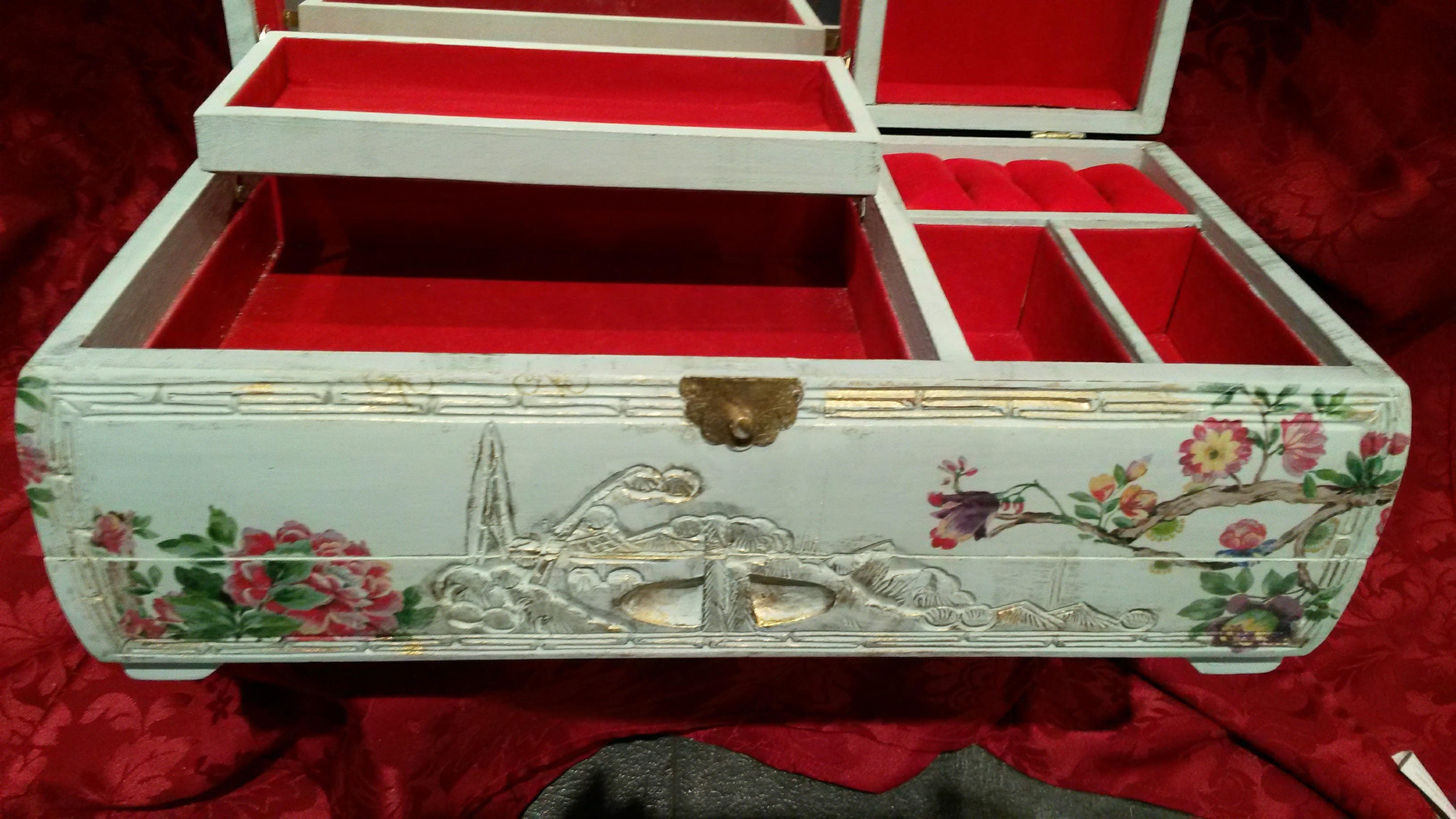 Oriental Jewelry box, Large chest,Shabby chic,large jewelry box,carved