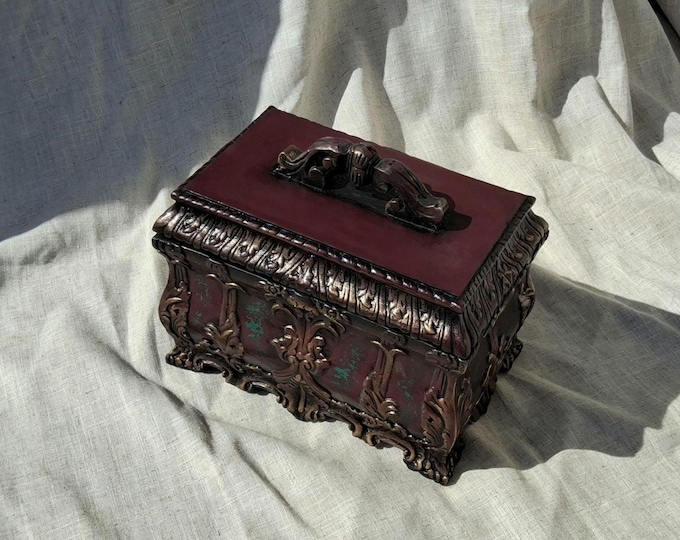 Antique tea chest,circa 1880,upcycled jewelry chest,antique chest,spice box,curved burgundy spice box