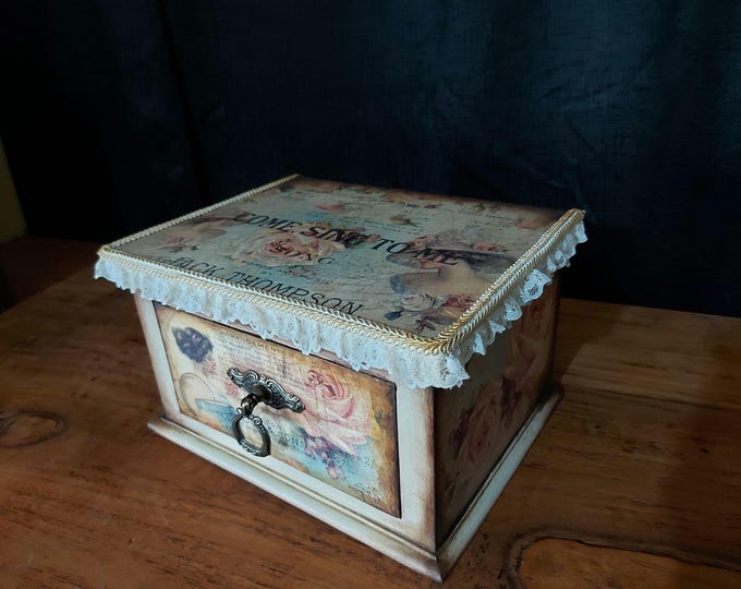 Vintage box drawer.upcycled. jewelry box.pink & black.antique letter box.vintage trinket box.hand decorated jewellery box.pink jewellery box