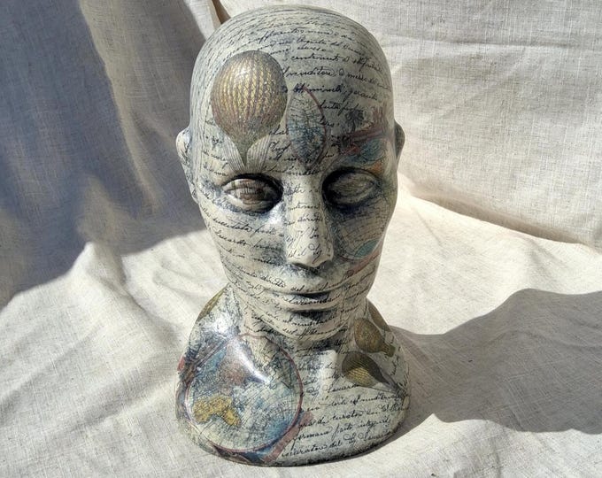 Decoupaged male/unisex Mannequin Head,Print Steampunk Hat Stand Wig Holder