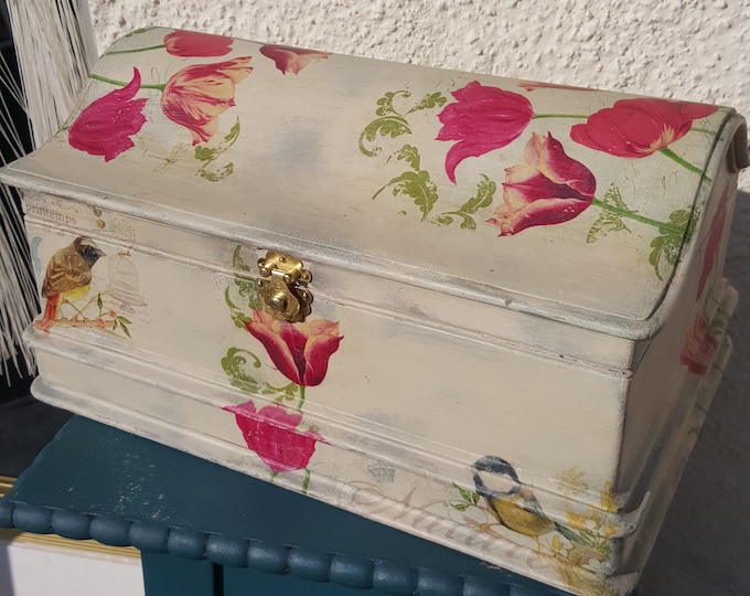 Keepsake box,Large dome chest, domed cutlery box upcycled.1900.birds,tulips.sewing chest.trinket box.large jewellery box.decoupage box