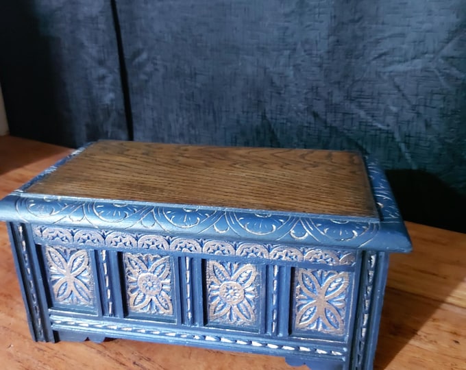 Antique carved jewellery box.1895.Antique chest.Hand carved jewellery chest.Solid wood jewellery storage blue jewelry chest. Upcycled box