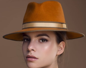 Handmade Furfelt Unisex Fedora In A Mustard Colour, Burnt Orange