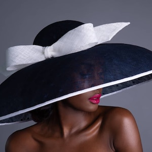 Rebecca - Extra large Navy & White Audrey Hepburn style dome hat for Royal Ascot,  Ladies Day, Weddings,  Wedding Guest, Mother of the bride