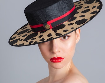 Gigi - Buntal Polka Dot Boater Hat in Natur und Schwarz - Ideal für Kentucky Derby, Royal Ascot Mutter der Braut und des Bräutigams, Melvin Cup