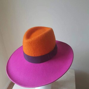 Handmade Colour blocked orange and pink ladies fedora with asymmetrical brim image 2