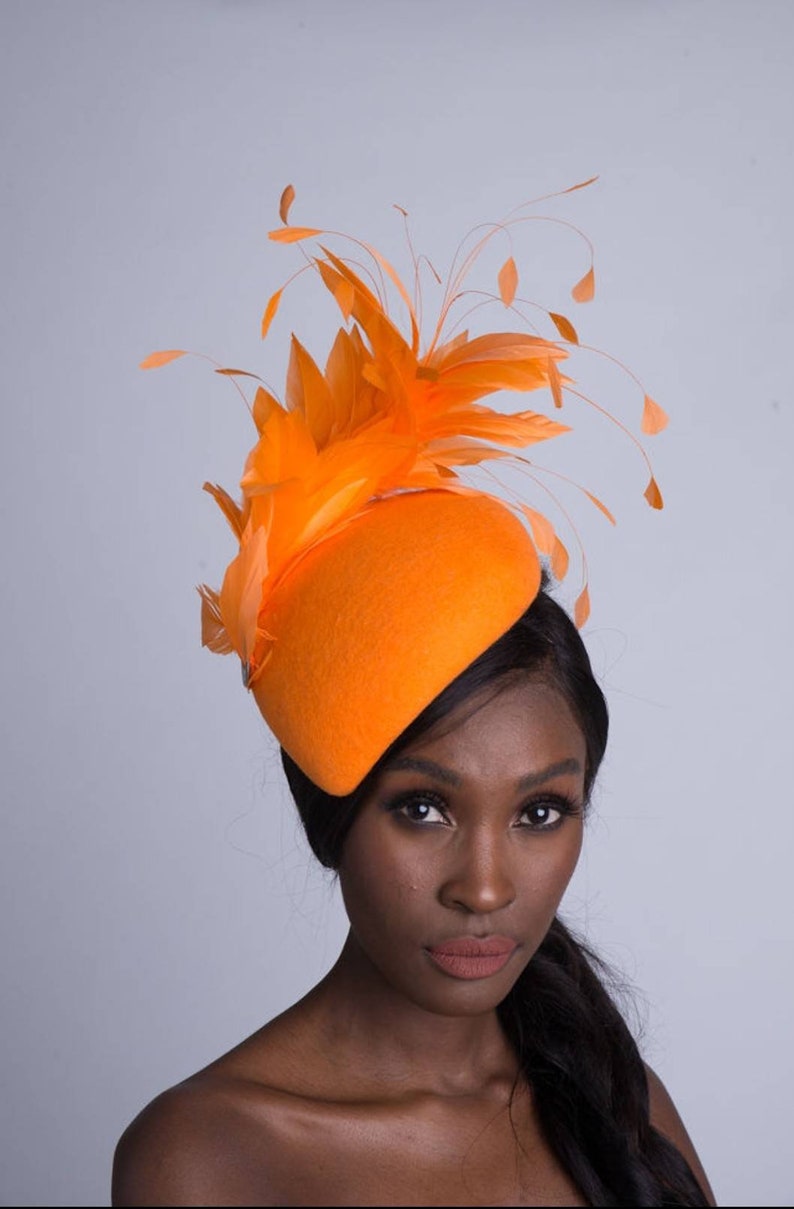 Marigold Orange Handmade Wool Felt Teardrop Fascinator. Custom Made. One Size Fits All Ideal for Weddings, Races, Parties. image 3