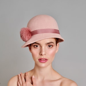 Wallace - pink Furfelt Cloche with Pink Grosgrain ribbon - Ideal for winter hats, Great Gatsby,