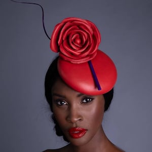 Red nappa leather fascinator with leather rose- Royal Ascot,  weddings, church, Kentucky Derby, Melbourne Cup, goodwood, mother of bride