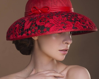 Stunning Red Sinamay Dome Hat With Lace Covered Sinamay Brim. For Mother of Bride, Mother of Groom, Weddings, Royal Ascot, Ladies Day