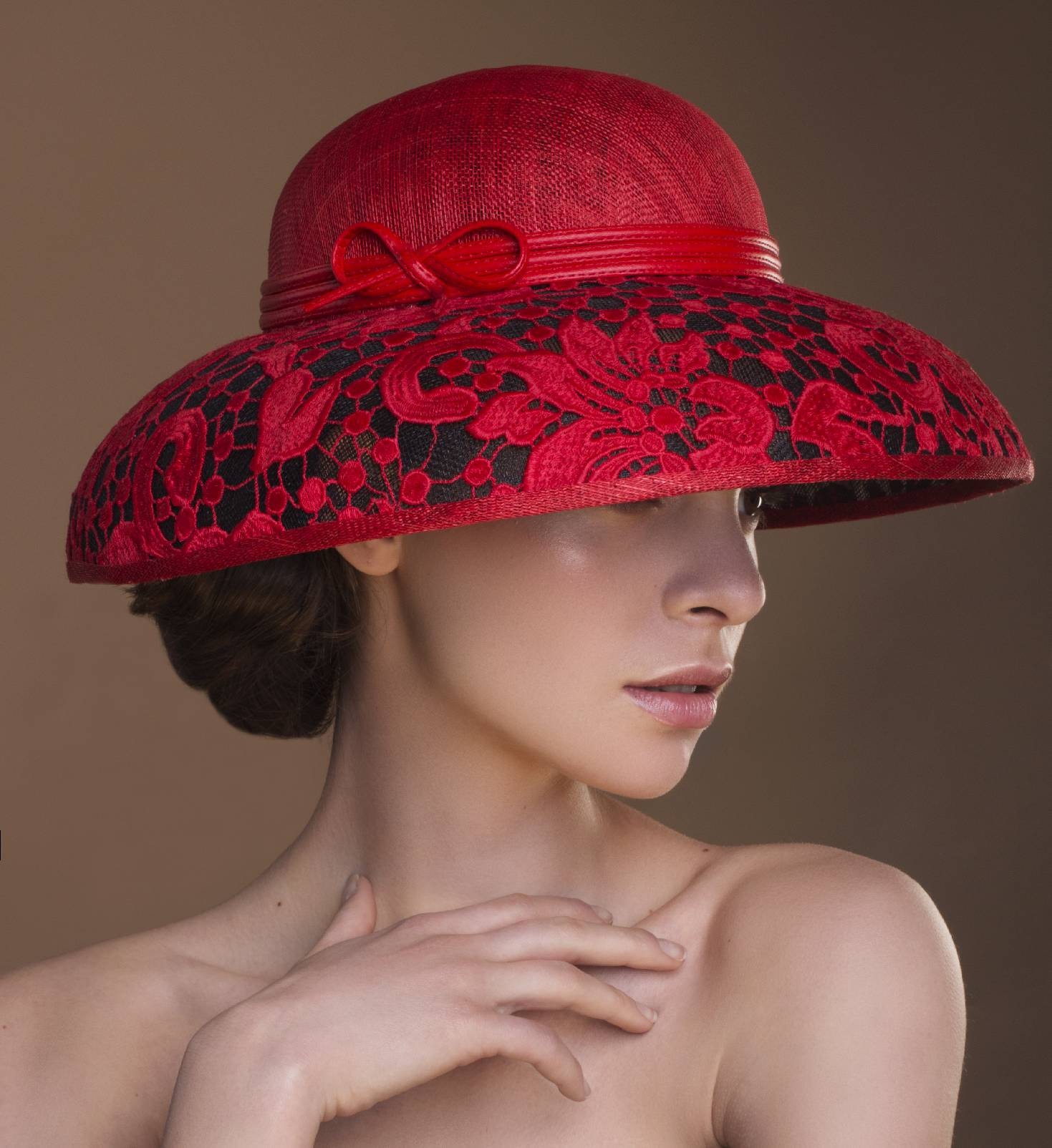 Stunning Red Sinamay Dome Hat with Lace Covered Sinamay Brim. for Mother of Bride, Mother of Groom, Weddings, Royal Ascot, Ladies Day