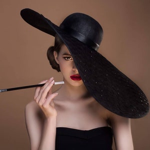 Adriana - Large Brim Black Floppy Hat For  Royal Ascot, Kentucky Derby,  Melbourne Cup, Ladies Day Hats, Weddings, High Tea