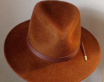 Handmade Brown Fedora with tripple faux leather trim