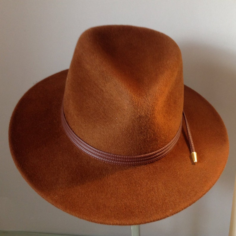 Handmade Brown Fedora with tripple faux leather trim image 1