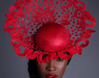 Phoenix - Red Guipure lace fascinator- ideal for mother of bride, royal Ascot,  church, special occasions, Racing events, high tea