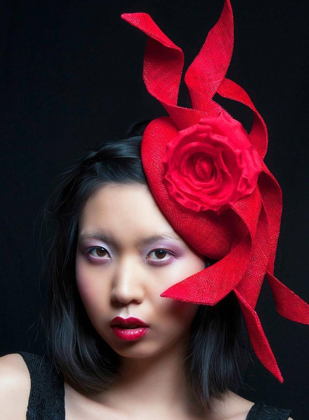 Hot Sinamay Fascinator With Red Rose 