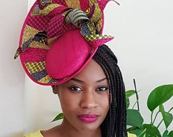 Ankara fabric and Sinamay Side Upsweep Fascinator with Spiral Detail. Ankara Fashion