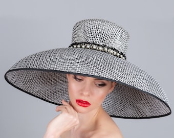 Star - XL Audrey Hepburn Inspired Hat, Black & White.  Ideal for Kentucky Derby, Royal Ascot, Mother of Bride, Races, Wedding Hat