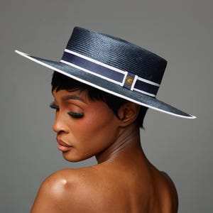 Unbranded Fascinator Hat Women OS Navy Blue Excellent Mesh Bow Rose Straw Boater Large Navy Blue & Light Blush Pink Straw Style Hat  main image 4