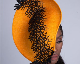 Melina - Orange  Sidesweep Fascinator with Black Guipure lace detail. Ideal for Mother of the Bride, Racing events, weddings, Church