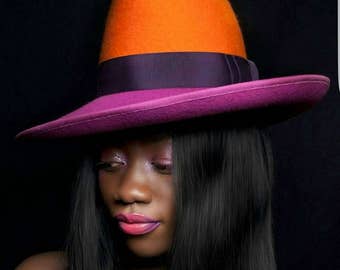 Handmade Colour blocked orange and pink ladies fedora with asymmetrical brim