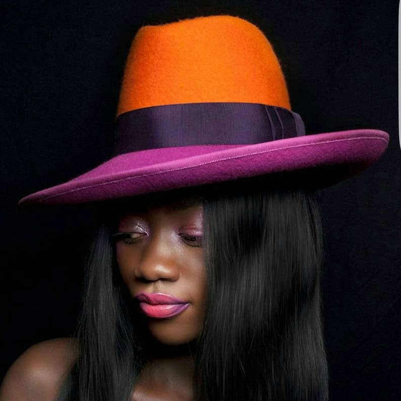 Handmade Colour blocked orange and pink ladies fedora with asymmetrical brim image 1