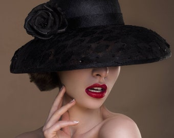 Stunning Black Sinamay Dome Hat With Lace Covered Sinamay Brim. For Mother of Bride or Groom, Weddings, Royal Ascot, Ladies Day, Funerals