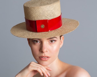 Rouge - Straw Flat Brimmed Top Hat for Royal Ascot, Riding, Theatre