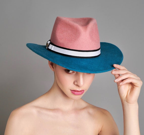 Lola - Handmade Colour Blocked Pink & Teal Blue Fedora - Etsy