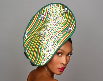 Rudo - Zimbabwe Ankara fabric and Sinamay Side sweep Fascinator with Guipure Lace Detail