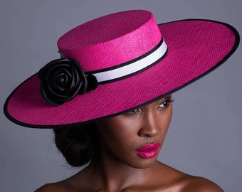 Stunning Pink Boater with black leather flower and Black with white band - Royal Ascot,  Mother of the bride,  Racing events,  wedding Guest