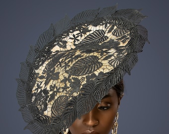 Ebony - Guipure Lace covered Sidesweep Fascinator. Ideal for Mother of the Bride, Racing events, weddings, Church