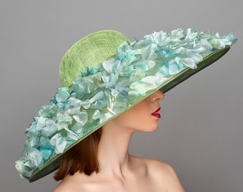 The Alyssa - Extra large Sage Green Floral Audrey Hepburn style dome hat for Royal Ascot,  Ladies Day, Weddings, Mother of the bride,