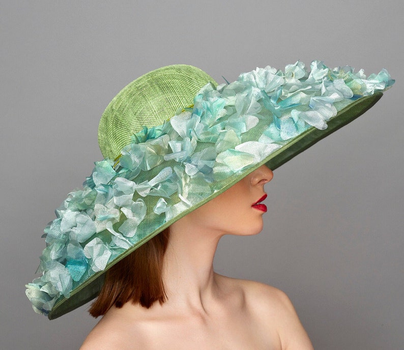 The Alyssa Extra large Sage Green Floral Audrey Hepburn style dome hat for Royal Ascot, Ladies Day, Weddings, Mother of the bride, image 1