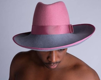 Jordan - Pink and grey furfelt upsweep fedora  unisex Boygeorge Bowler Style Hat In FurFelt, Fedora Handmade, Furfelt,