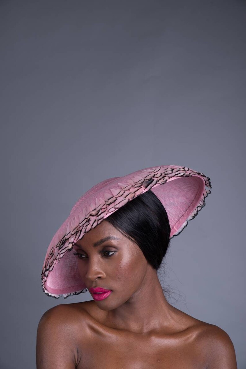 May include: A pink hat with a wide brim and a black feathered trim. The hat is angled, showcasing its design and texture. The hat is a fashion accessory.