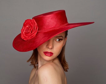 Rouge - Handcrafted Parisisal Boater Style Hat with Red Nappa Leather Rose Detail Royal Ascot, Kentucky Derby, Mother of Bride, Wedding Hat