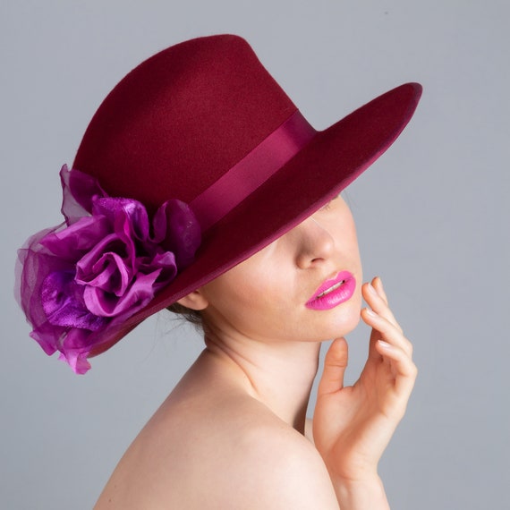 Sienna - Wine Red Burgundy Woolfelt Hat With Chiffon Flower  display picture 2