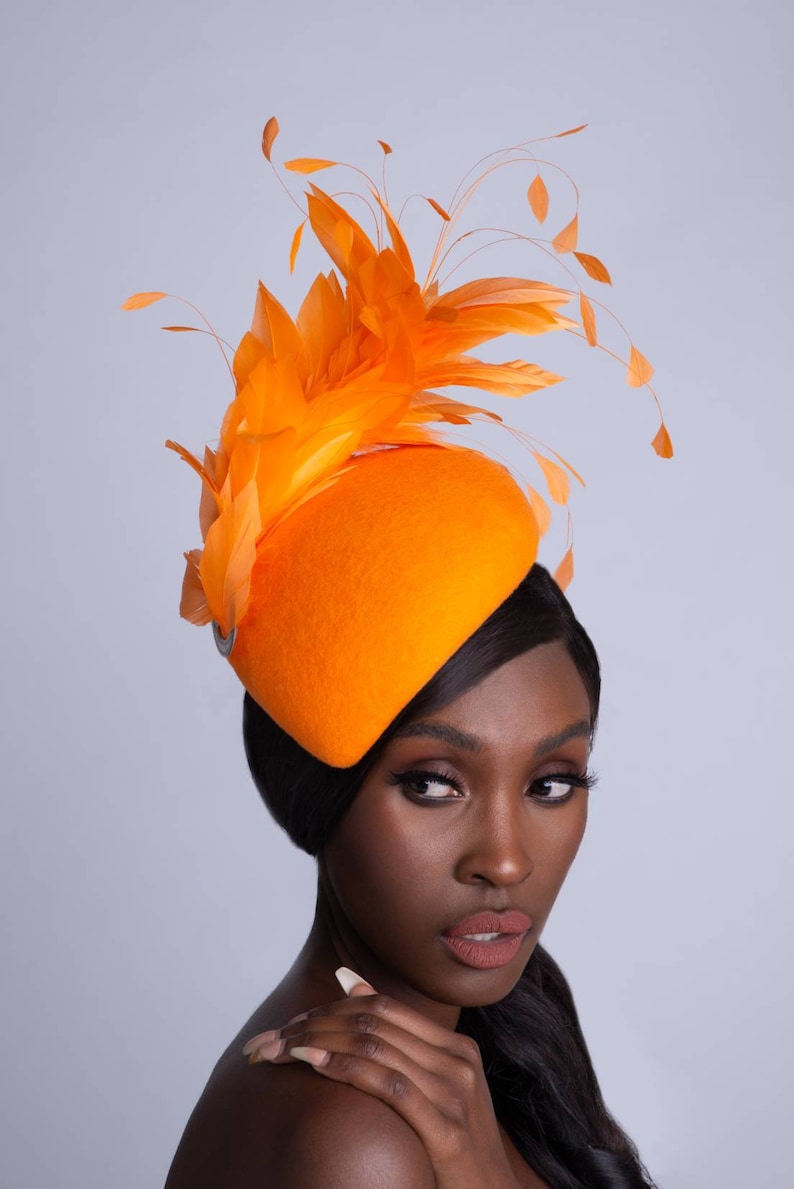 Marigold Orange Handmade Wool Felt Teardrop Fascinator. Custom Made. One Size Fits All Ideal for Weddings, Races, Parties. image 1