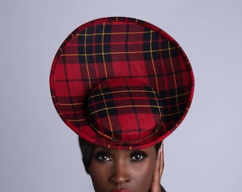 Red tartan print fascinator,  percher.  Handmade to measure.  Bespoke hats