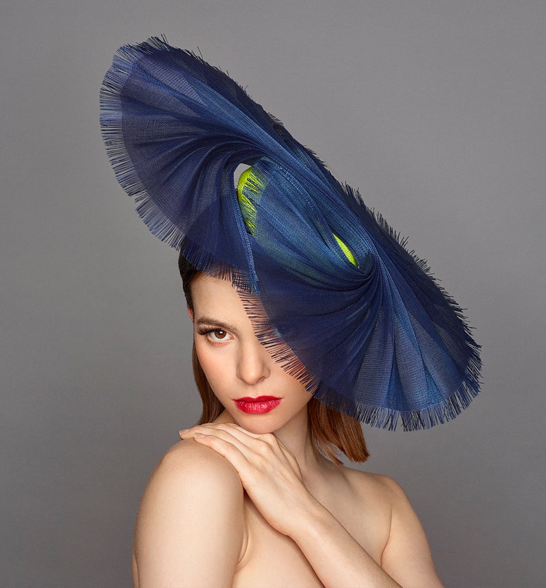 Sylvia Navy and green Jinsin/Sinamay fascinator for Royal Ascot, Wedding Guest, Ladies Day, Melbourne Cup, Mother of bride image 3