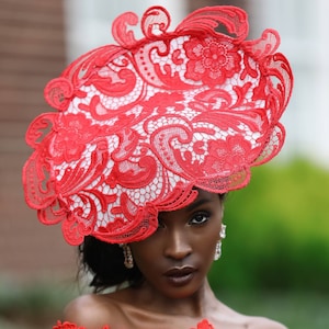 Red Guipure Lace covered  Sidesweep Fascinator. Ideal for Mother of the Bride, Racing events, weddings, Church