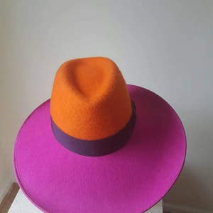 Handmade Colour blocked orange and pink ladies fedora with asymmetrical brim image 3