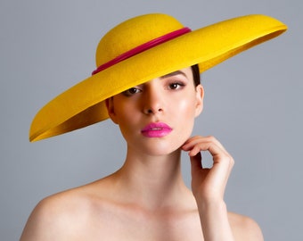 Clementine - Yellow Handmade large brimmed Paper Straw hat with Pink Faux Leather detail Royal Ascot, Weddings, Hightea, Preakness, Derby