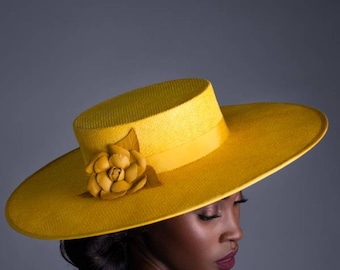 Yellow handmade Boater hat- ideal for Henley Regatta, Royal Ascot,  weddings,  Ladies day, wedding Guest, Garden Tea Party,  mother of bride