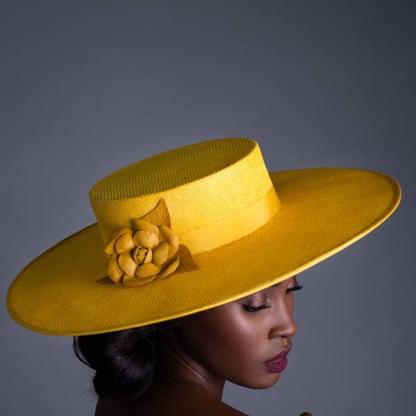 Yellow handmade Boater hat- ideal for Henley Regatta, Royal Ascot,  weddings,  Ladies day, wedding Guest, Garden Tea Party,  mother of bride