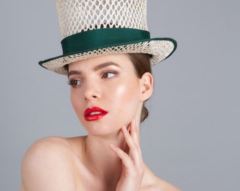 Tina - Ivory and Green  Mesh Straw Top Hat