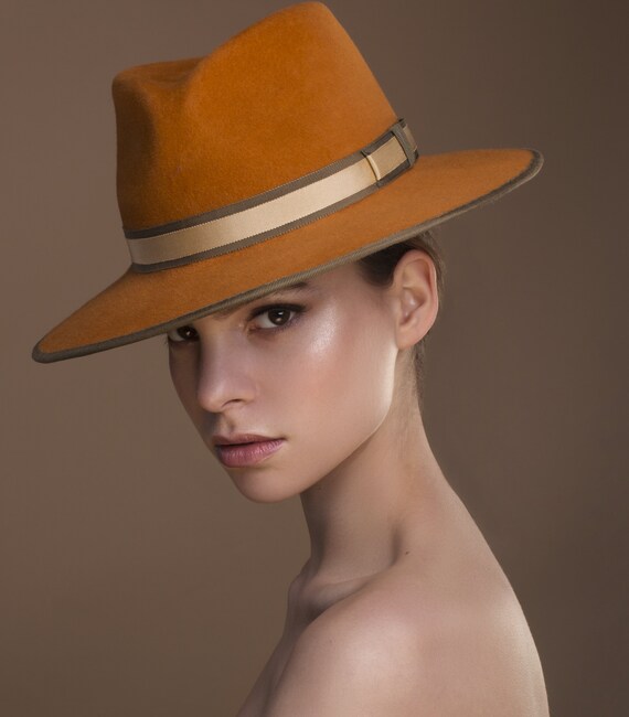 Handmade Furfelt Unisex Fedora in A Mustard Colour, Burnt 