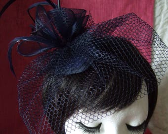 New Navy Blue Coiled Feather Fascinator Comb Headpiece Weddings Funeral Races,